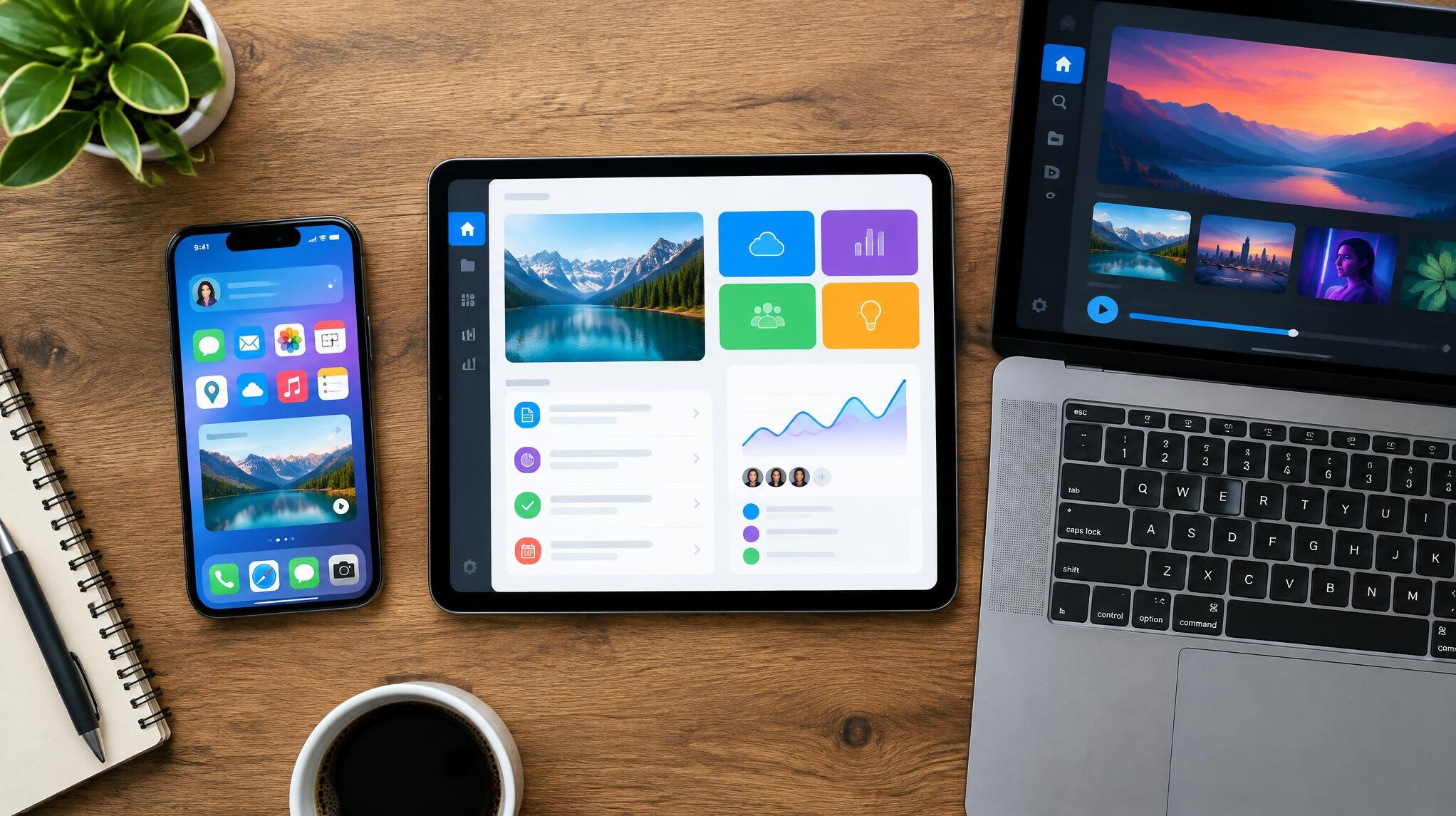 Flat lay of smartphone, tablet and laptop showing app interfaces on a wooden desk