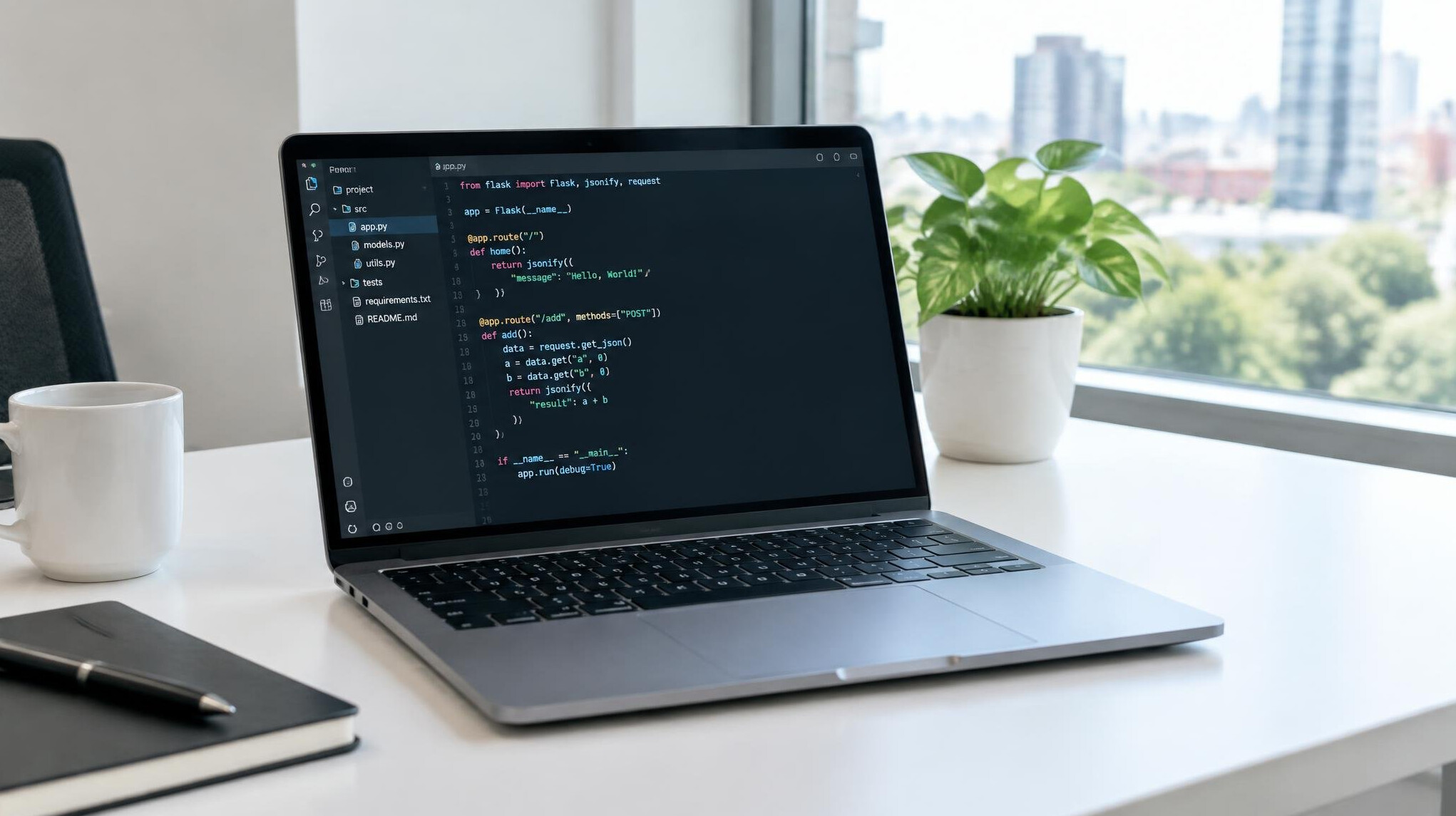 Open laptop with code editor on screen in a bright modern office