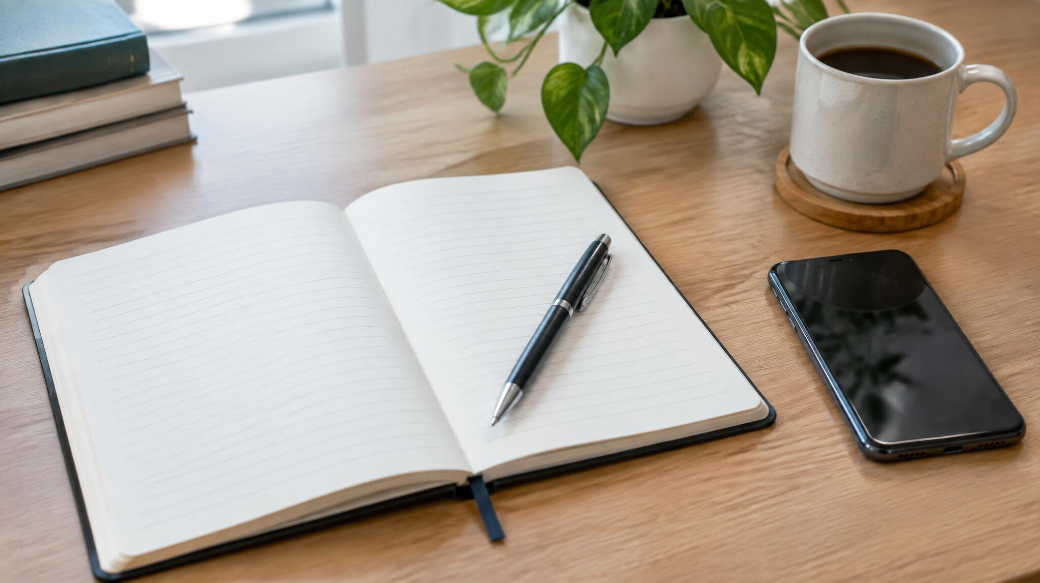 Desk with notebook, pen and phone representing contact and communication