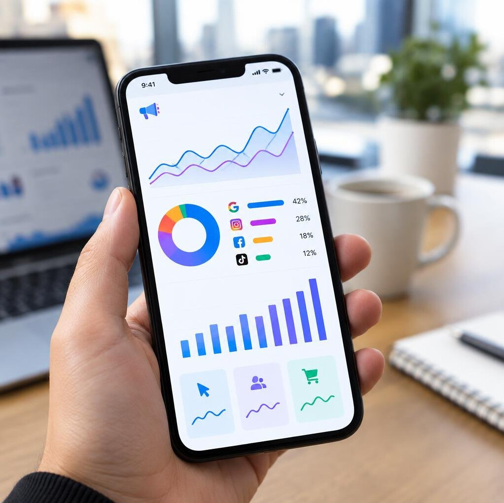 Smartphone screen displaying analytics charts, representing digital marketing