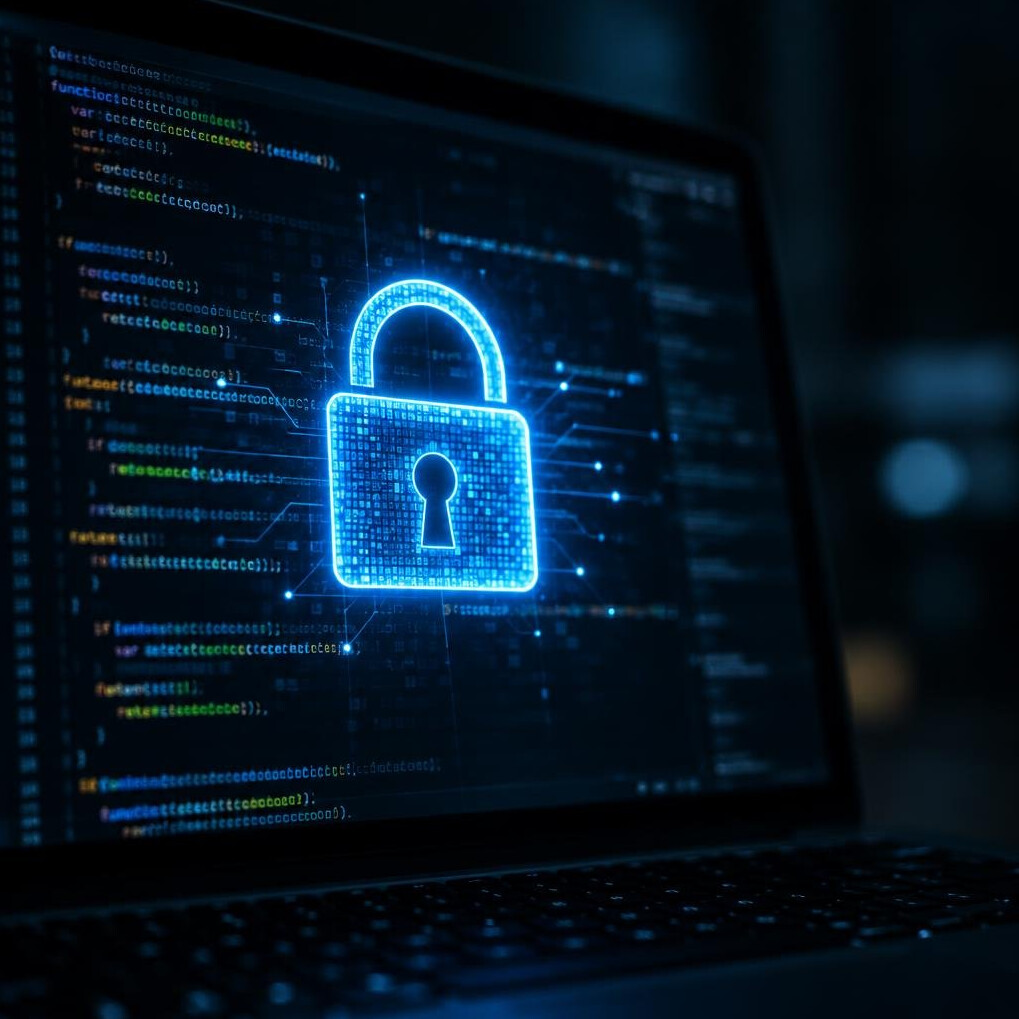 Padlock icon over a computer screen displaying code, representing cybersecurity