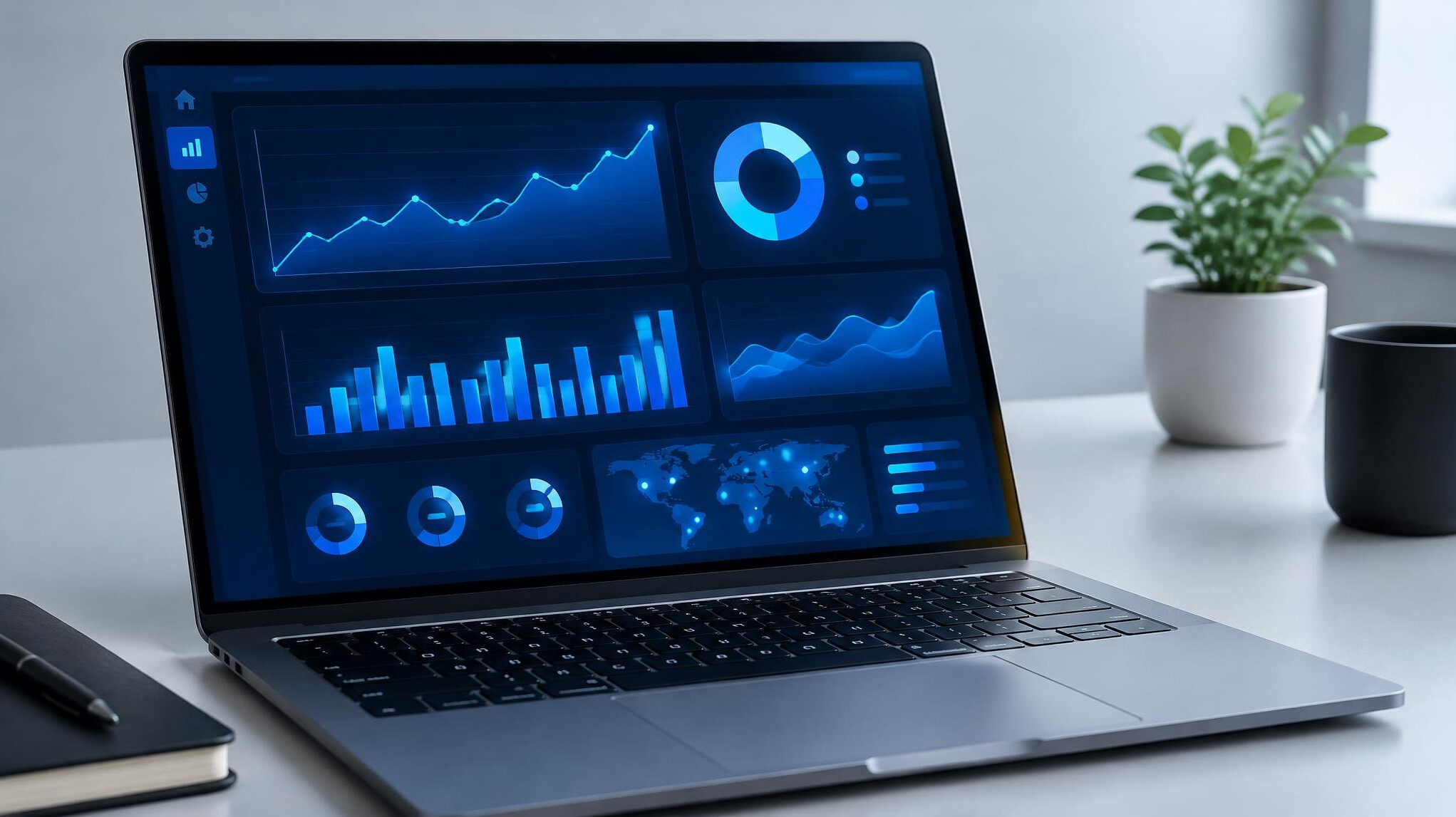 Laptop screen displaying glowing digital data dashboard on a desk