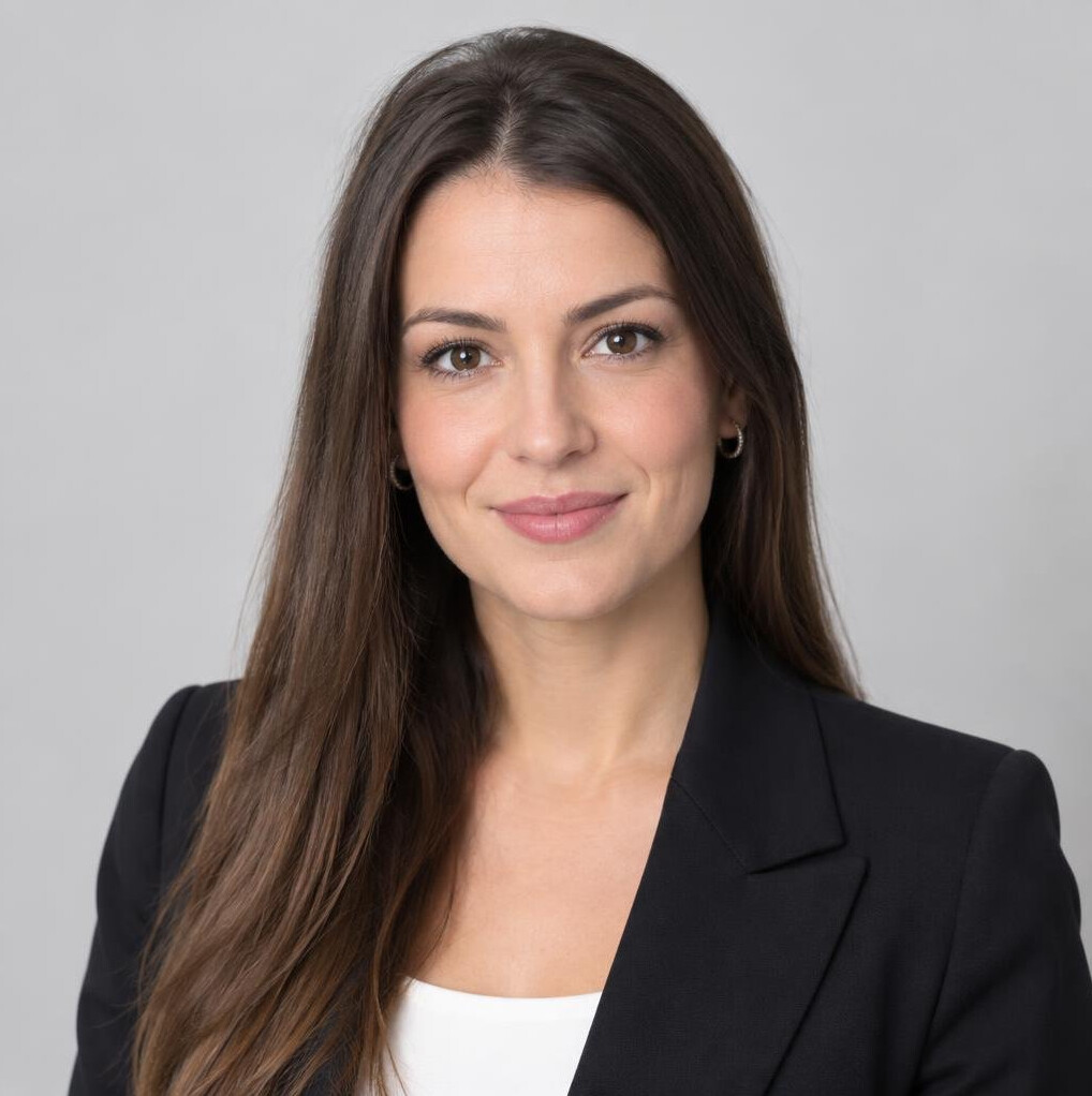 Studio portrait of a Croatian woman in her thirties with long brown hair