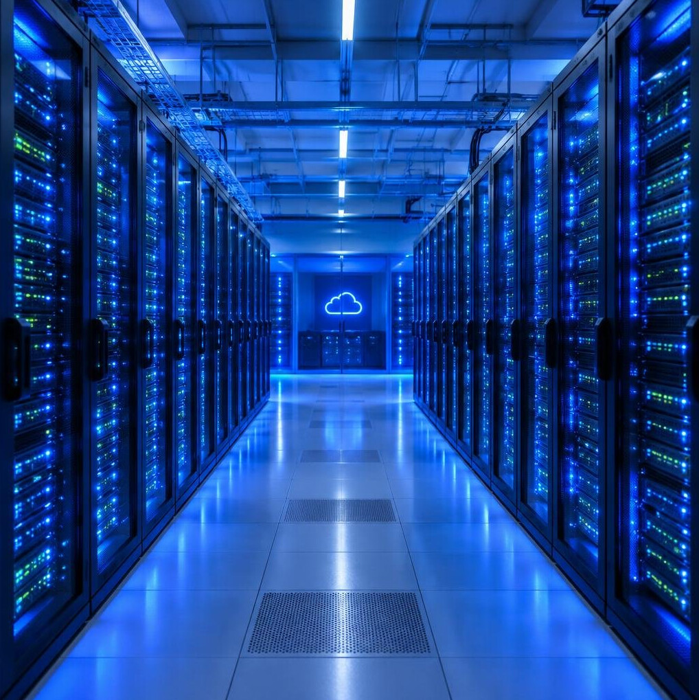 Server room with illuminated racks representing cloud computing infrastructure