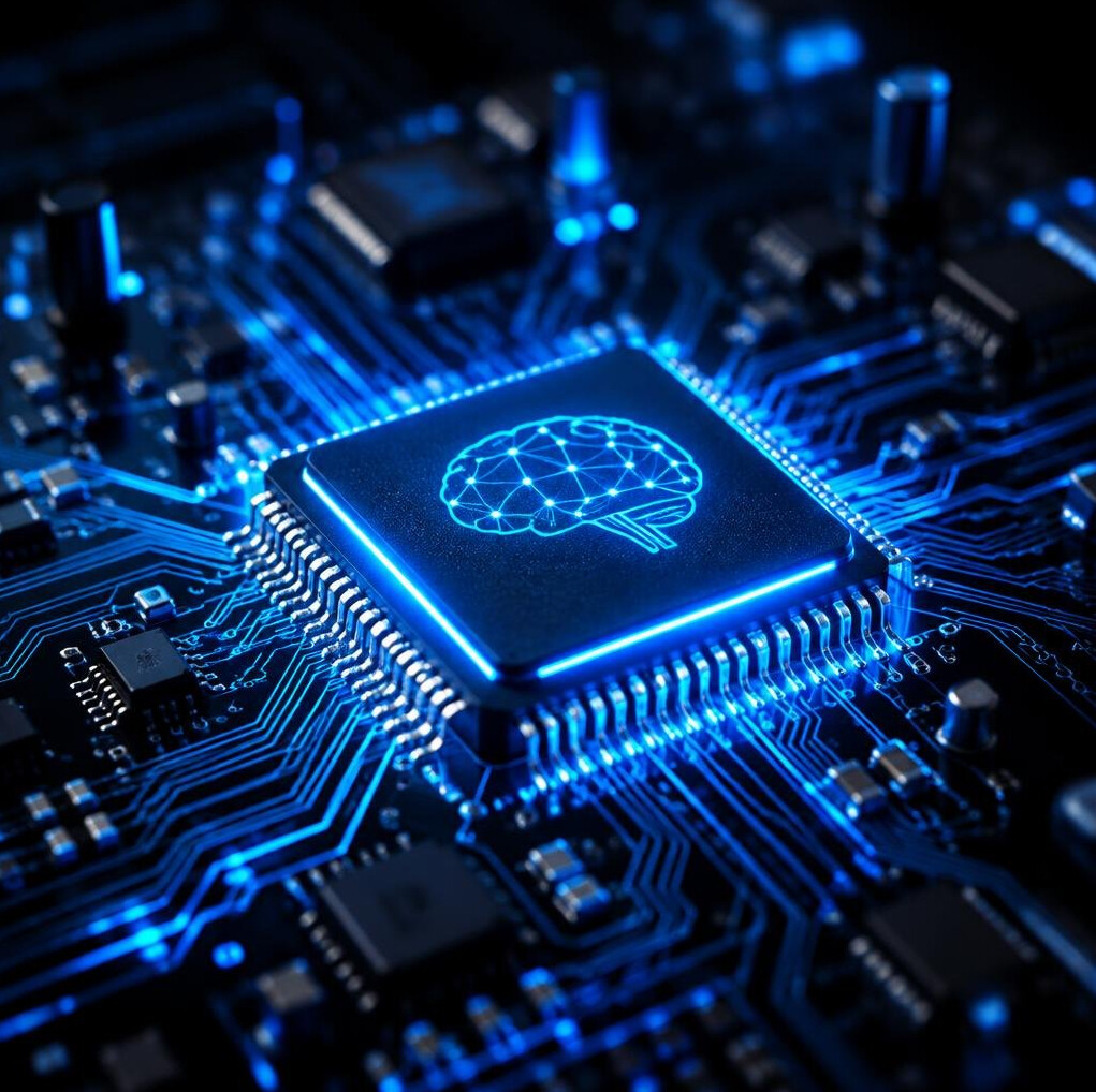 Glowing blue circuit board close-up representing artificial intelligence