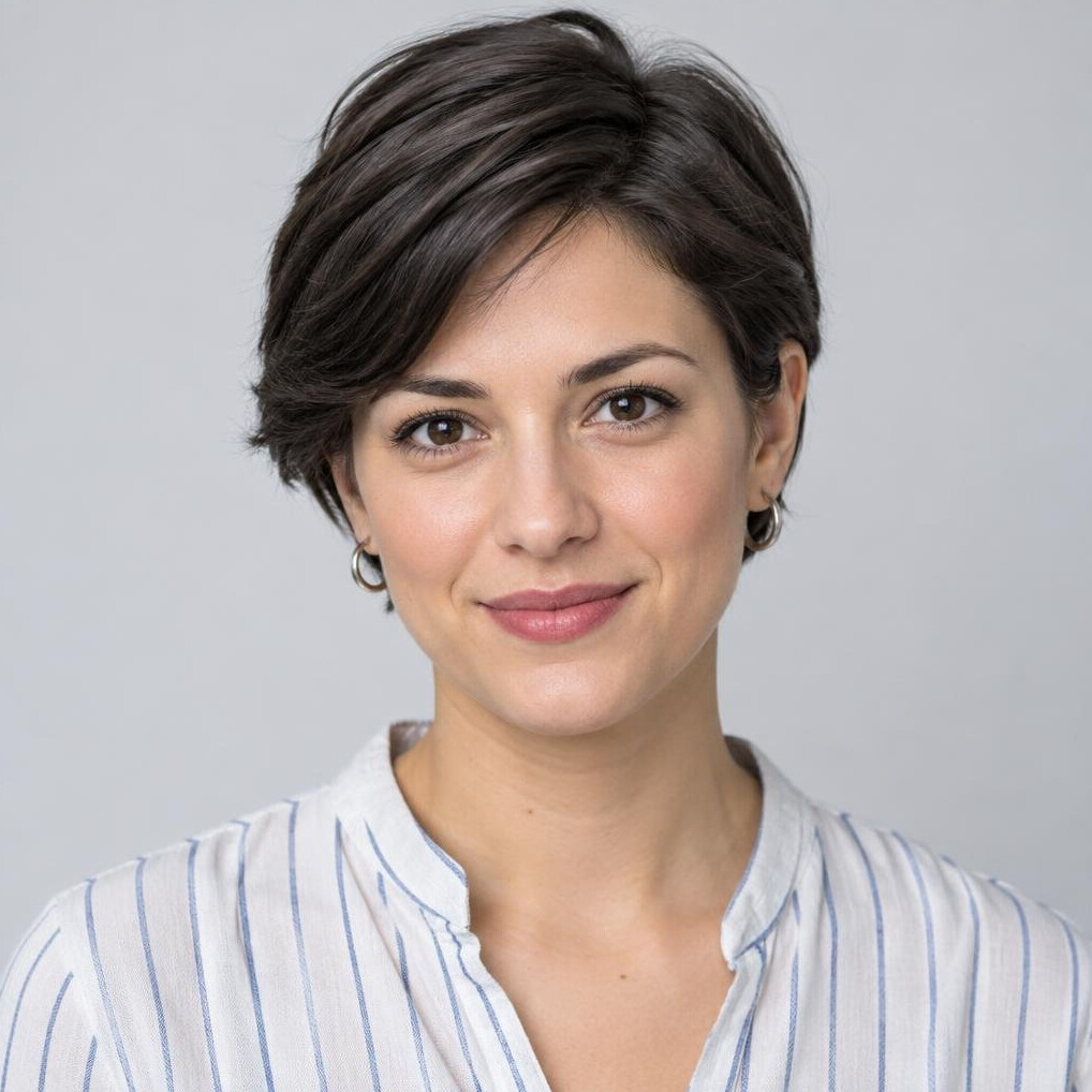 Studio portrait of a young Croatian woman with short dark hair